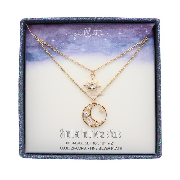 Set of Two Celestial Moon & Star CZ Necklaces in Gift Box #BX005 - Picture 1 of 2